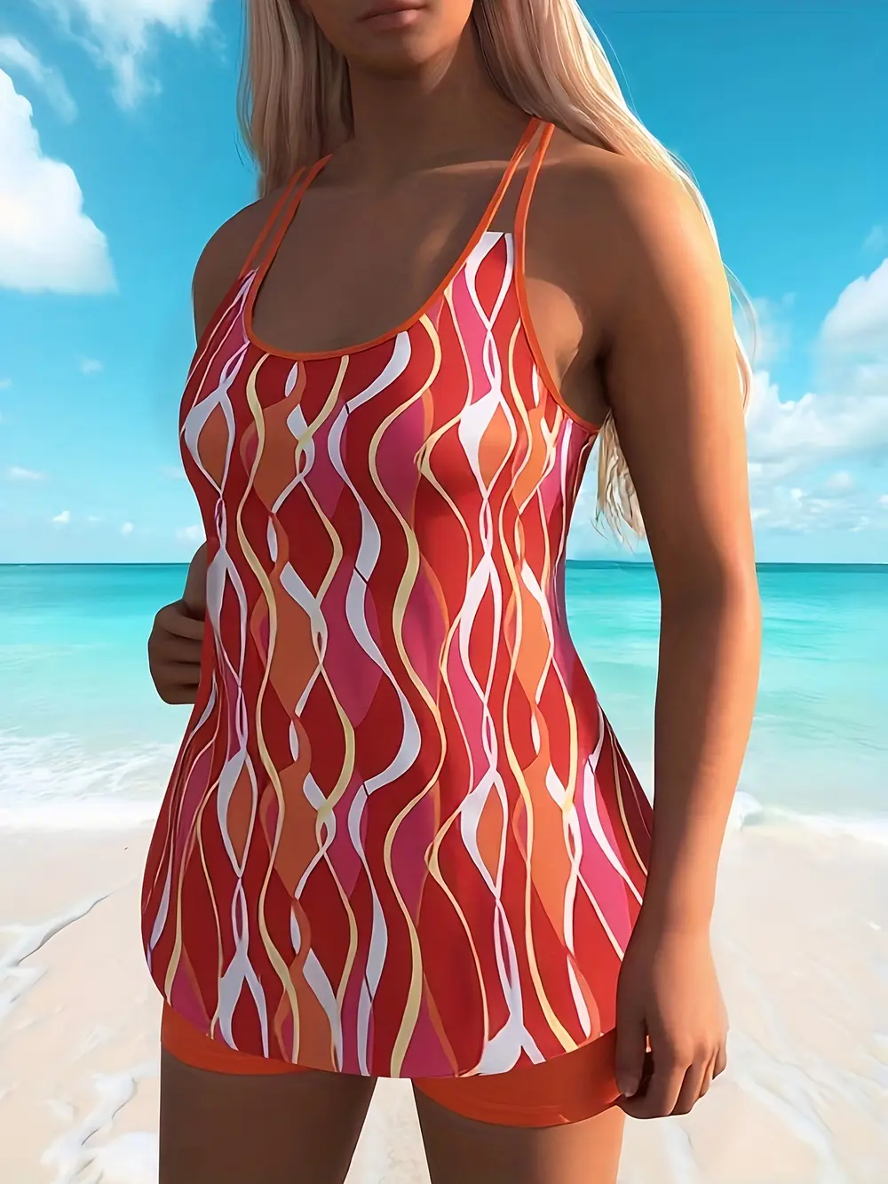 Women's 2-Piece Tankini Set - 2026 Retro Wave Print Tummy Control Racerback Tankini Tops, Red & Orange High Waisted Boyshorts, High Elastic Slim Fit Beach Vacation Resort Swimwear