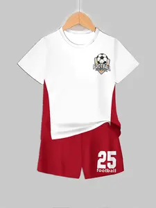 Boys Colorblock Football Theme Sports Set, Soccer Jerseys, Youth Soccer Training, Casual Fitted Shorts, Spring & Fall