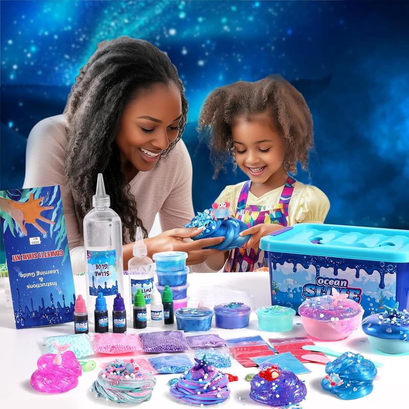 Christmas Gift Ocean Slime Kit for Girls 7-12 Years Old, Party Favor Gifts Slime Stress Relief Toy Scented Sludge Toy for Kids,Complete DIY Slime Making Kit for Kids and Boy