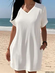Women's Plain Minimalist V Neck Tee Dress, Casual Short Sleeve Dress for Summer, Ladies Clothes for Daily Wear