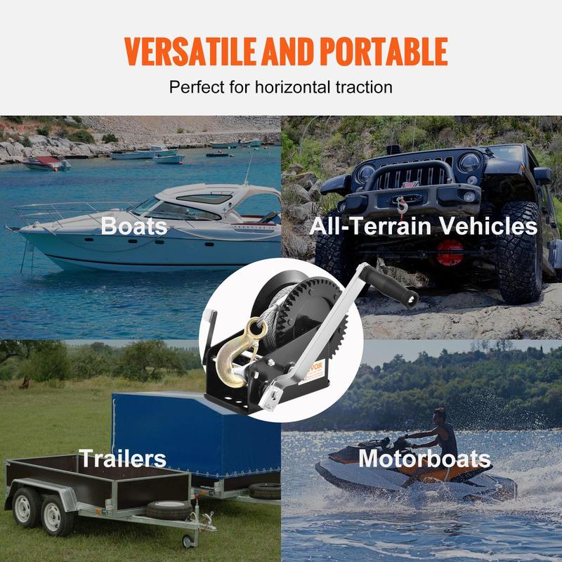 VEVOR Hand Winch, 3500 lbs Pulling Capacity, Boat Trailer Winch Heavy Duty Rope Crank with 33 ft Steel Wire Cable and Two-Way Ratchet, Manual Operated Hand Crank Winch for Trailer, Boat or ATV Towing