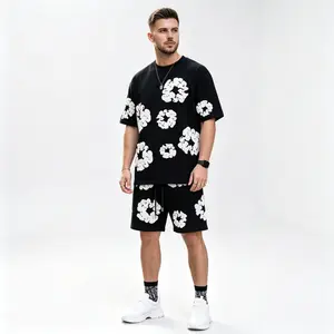 Denim Tears Men's 2 Piece Casual Outfit, Cotton Wreath Flower Print Crew Neck Short Sleeve T-Shirt & Drawstring Elastic Waist Shorts Set, Black Summer Streetwear Tracksuit for Daily Loungewear