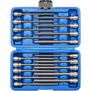 3/8" Drive Extra Long Allen Hex Bit Socket Set, S2&CR-V, Metreic&SAE, 18 count, 1/8" - 3/8", 3-10 mm