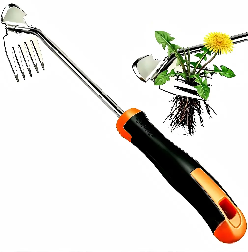 5-Tine Steel Deep Digging Dual-Function Garden Weed Remover Hand Tool - Non-Slip Rubber Handle Hoe Rake Combo, Portable for Outdoor Lawn Maintenance, Flower-Safe Precision, Easy Care & Storage, Weed Removal Solutions