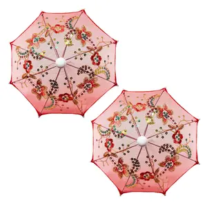 Thy Home 2-Pack Handmade Metal Mini Lace Sequined Fruit Design Umbrellas - 11.6in Diameter Doll-Size Decorative Prop Gift for Weddings, Photo Shoots, Mini Umbrellas