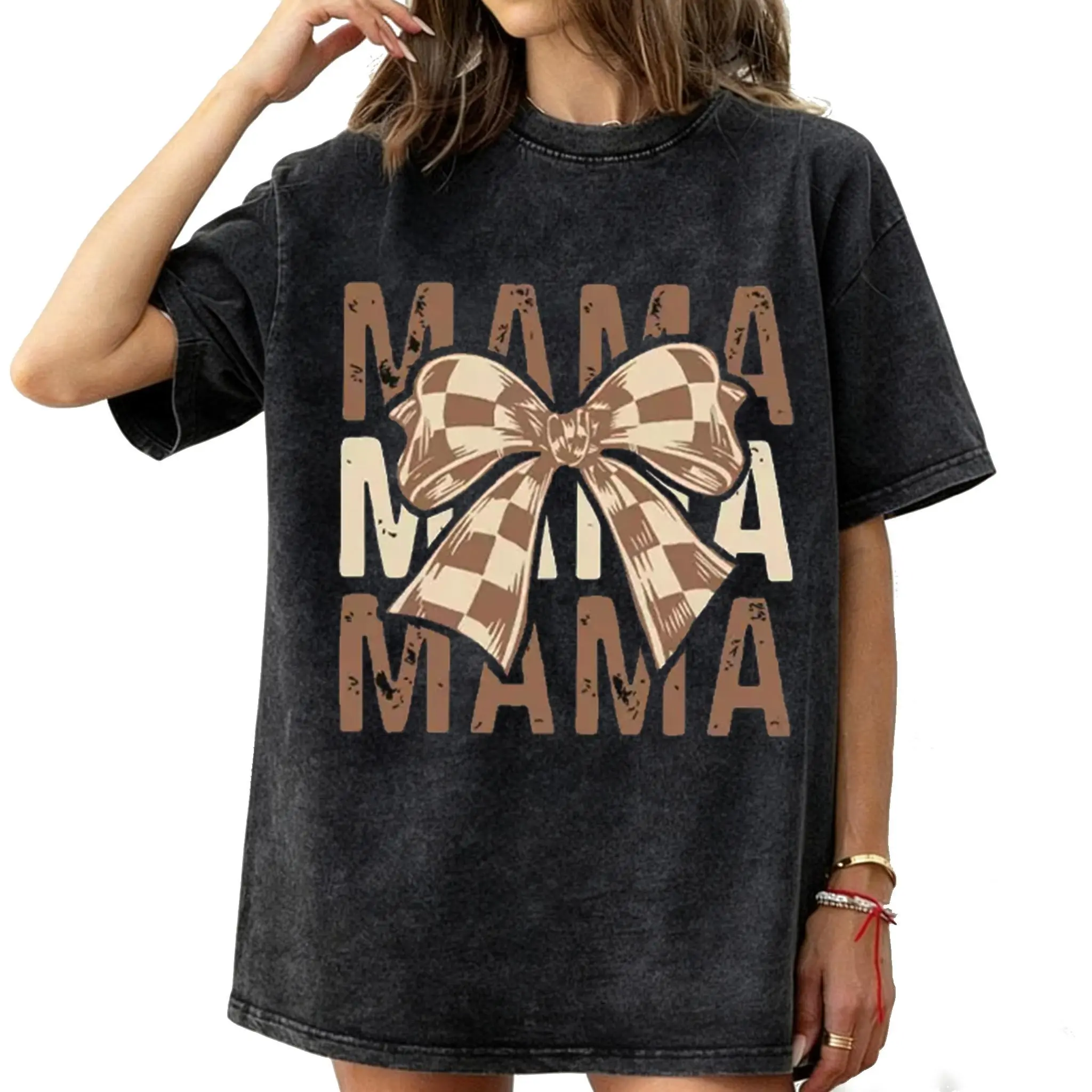 Retro Checkerboard Bow Graphic Tops for Women, Loose-Fit Short-Sleeve Breathable Cotton Blend