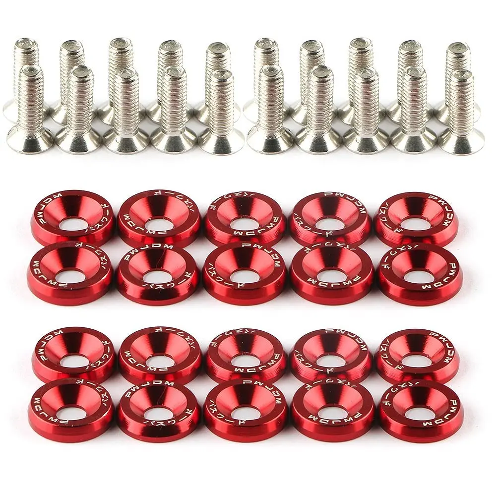 20-Piece Red Billet Aluminum Fender Washer & Bolt Kit – M6 X 19mm, JDM Engine Bay Screws