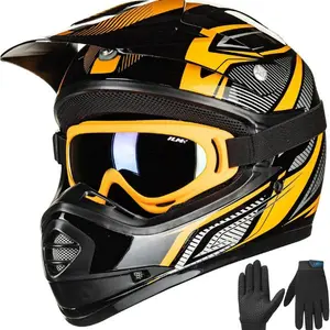 Youth Kids ATV Motocross Helmet Goggles Sports Gloves Dirt Bike Motorcycle off Road DOT Approved B07 (Youth-Xl, Yellow Black)