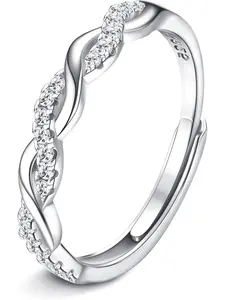 Women's 925 Sterling Silver Adjustable Ring, Engagement Wedding Rings, Eternity Twisted Rope Design, Cubic Zirconia Inlay, Perfect for Weddings & Engagements