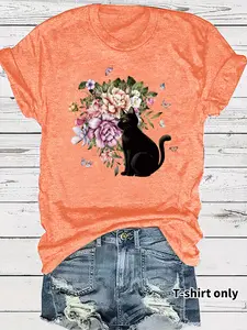 Women's Cat Floral Print Short Sleeve Round Neck Casual Streetwear Top, Medium Stretch All-Season Comfort Shirt, Summer Womenswear