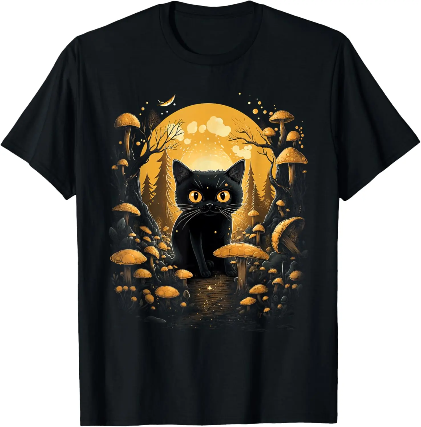 Women's 100% Cotton Short-Sleeve Round Neck Graphic T-Shirt Top - Casual Vintage Streetwear, Distressed Aesthetic, Goblincore Dark Cottagecore Cat-Under-Mushroom Everyday Wear