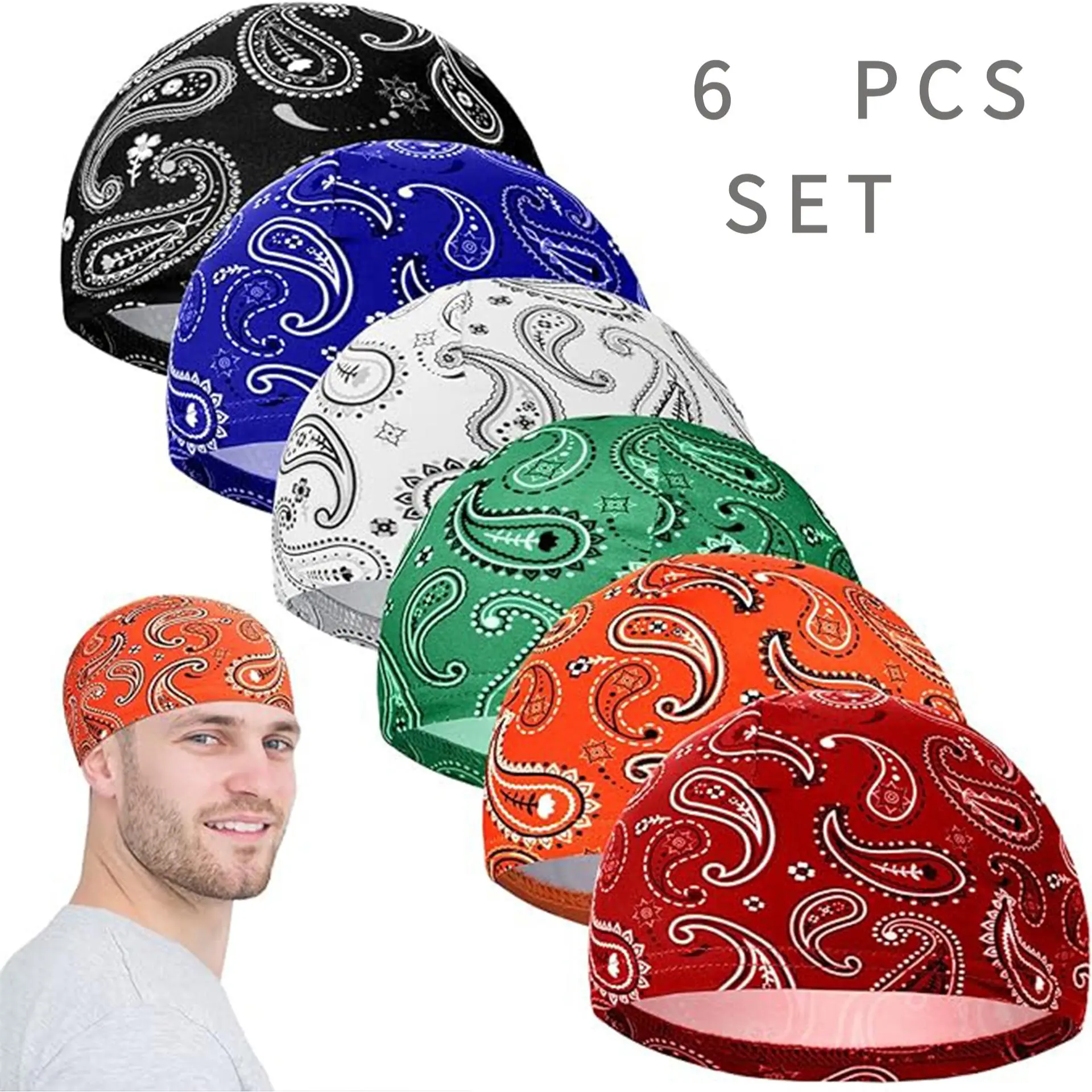 Men's 6-Pack Multifunctional Paisley Print Skull Caps - Sweat-Wicking Cooling Helmet Liners, Lightweight Mesh Fabric Cycling Hat for Biking, Workouts