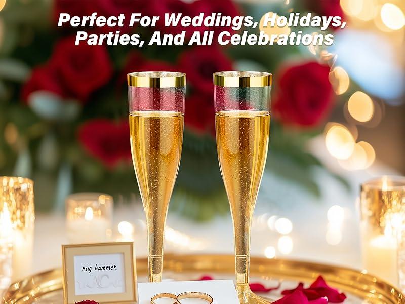25 Pack 4.5 oz 6.5 oz Plastic Gold Glitter Champagne Flutes with Gold Rim, Disposable Champagne Toasting Glasses for Wedding, Engagement, Party, Mimosa Bar