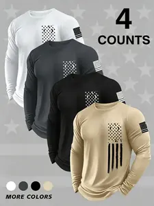 4 Pack Men's Round Neck Long Sleeve T-Shirts, Casual Knit Top, Slight Stretch, Flag Print, Quick Dry, Gym, Running, Outdoor Activities, Knitwear