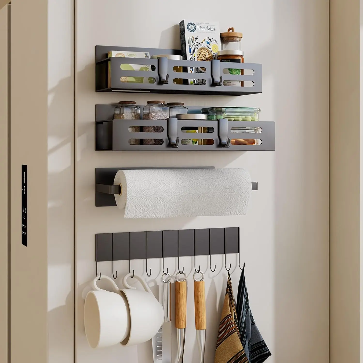 4-Pack Black Durable Refrigerator Cabinet-Racks - Mini Shelves with 4 Sticky Hooks & Paper Towel Holder for Kitchen Seasoning Storage Organization, 4 Pack Black-B, Cabinet-Rack