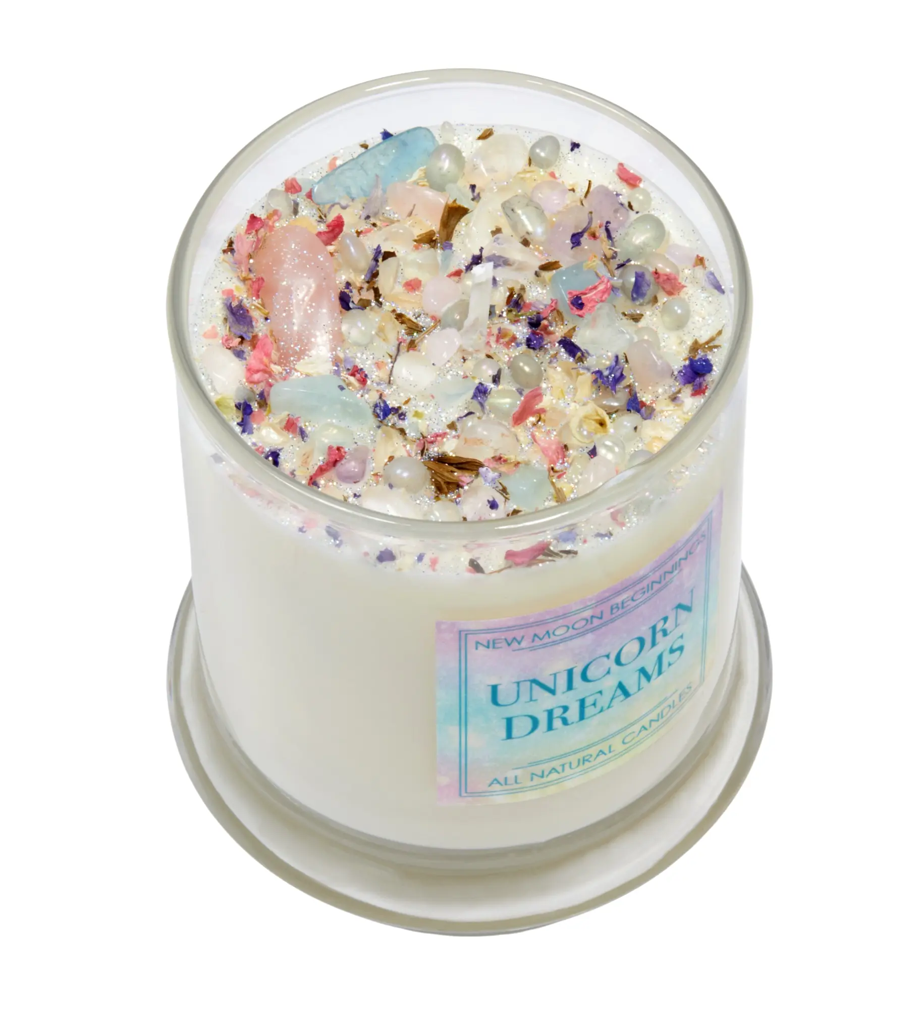 Unicorn Dreams Candle - Soy Wax, Aromatherapy, Crystals & Herbs Candles - angel aura quartz, aquamarine, rose quartz