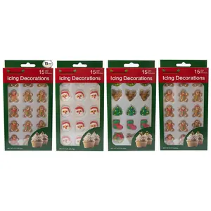 Christmas Edible Cake Decorations - Candy or Cupcake Topper -Gingerbread Man, Santa Face, Trees, Wreaths, Reindeer, & Christmas Boots 60 Pieces Total