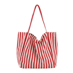 BIGWIG Women's High-Capacity Striped Vintage Korean-Style Canvas Tote Bag - Minimalist Fresh Aesthetic, Lightweight Durable, Spacious Compartment, Versatile Retro Literary Design for Work, Travel