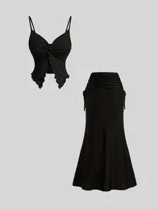 Fashionable and popular women's butterfly shape sexy adjustable suspender paired with high waist hip flared skirt suit