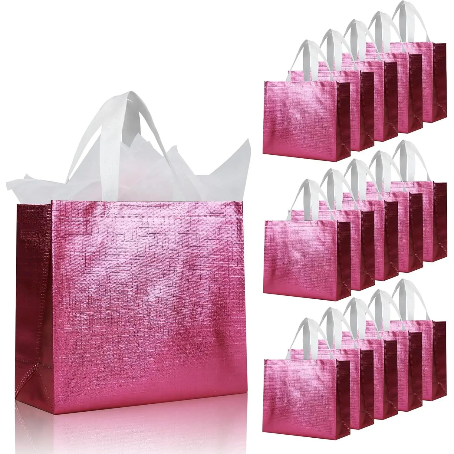 16 count Pink   Bags, Metallic Bling Design Holiday  Bag with Handles & Bases, Non-woven Goodie Bag Bulk for Birthday, Wedding, Parties, Graduation- 12.6x4.7x11 In