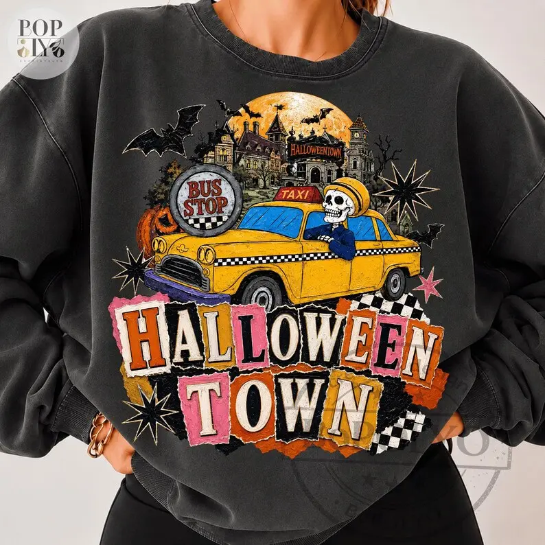 Vintage Halloween Pumpkin Sweatshirt, Halloweentown Sweatshirt, Spooky Taxi Ride Sweatshirt, Retro Halloween Scene, Funny Spooky Season Design,Fall Pumpkin Sweatshirt