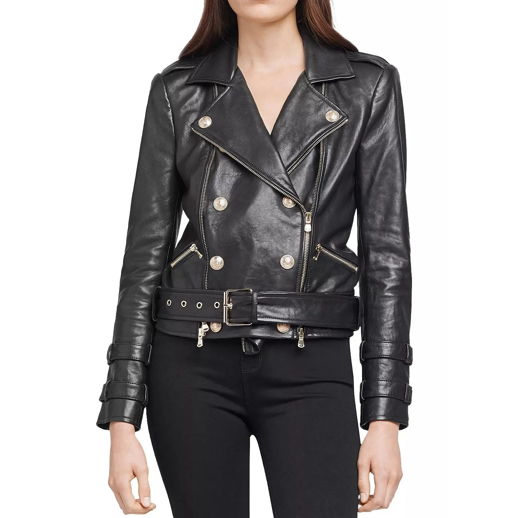 Womens Black Double Breasted Biker Leather Jacket