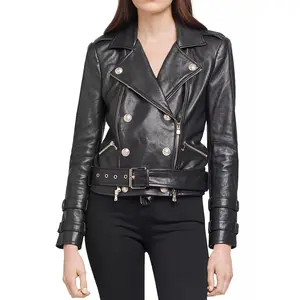 Womens Black Double Breasted Biker Leather Jacket