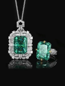 Elegant Garnet Jewelry Set, Synthetic Paraiba Garnet Pendant Ring Necklace, High-Quality Open Ring/pendant Chain, Gift Box Included