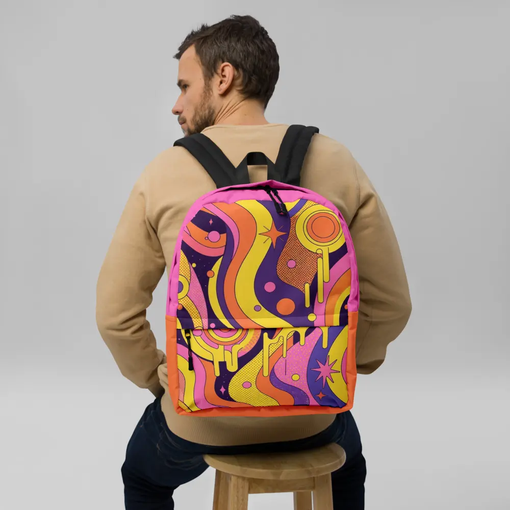 Retro Psychedelic Groovy Backpack, 70s Style Abstract Print School Bag, Bold Pink Orange Travel Backpack, Lightweight Casual Daypack, Trendy Bookbag, Unisex Everyday Bag, Gift for Her