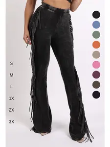 Fringe-Detailed Mineral Washed Pants for Women - Comfortable Cotton and Elastic Design with Flared Side Detail Fit Bottom Western style festival outfit