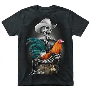 David Gonzales Men's Gallero Rooster Skelleton Rancher DGA Art T-Shirt, Gallero Skeleton Cowboy T-Shirt, Rooster Graphic Tee for Men, Western Ranch Style Shirt, Black Statement Graphic Tee, Casual Country Fashion