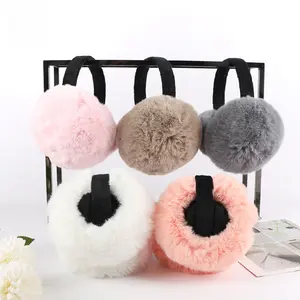 Fashionable Foldable Outdoor Ear Muffs Winter Men Women Cute Faux Rabbit Fur Warm Big Pom-Pom Integrated Ear Covers Back-Worn Ear Protection