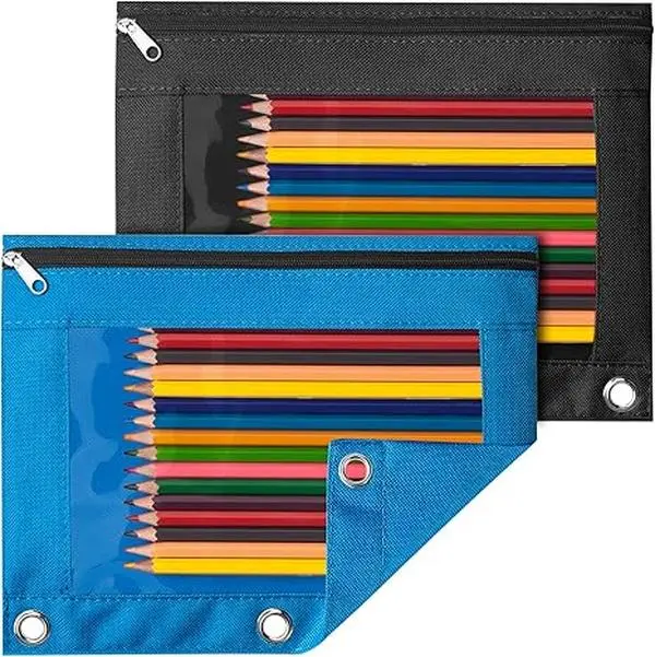Sooez Pencil Pouch for 3 Ring Binder, 2 Pack Binder Pencil Pouch with Clear Window Pencil Bags with Zipper & Reinforced Grommets, Pencil Case for binder Azure Blue & Black