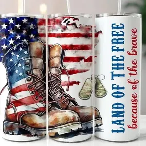 Homemade Stainless Steel 20oz Tumbler with Patriotic Design Land of the Free Because of the Brave Boot and Flag Pattern