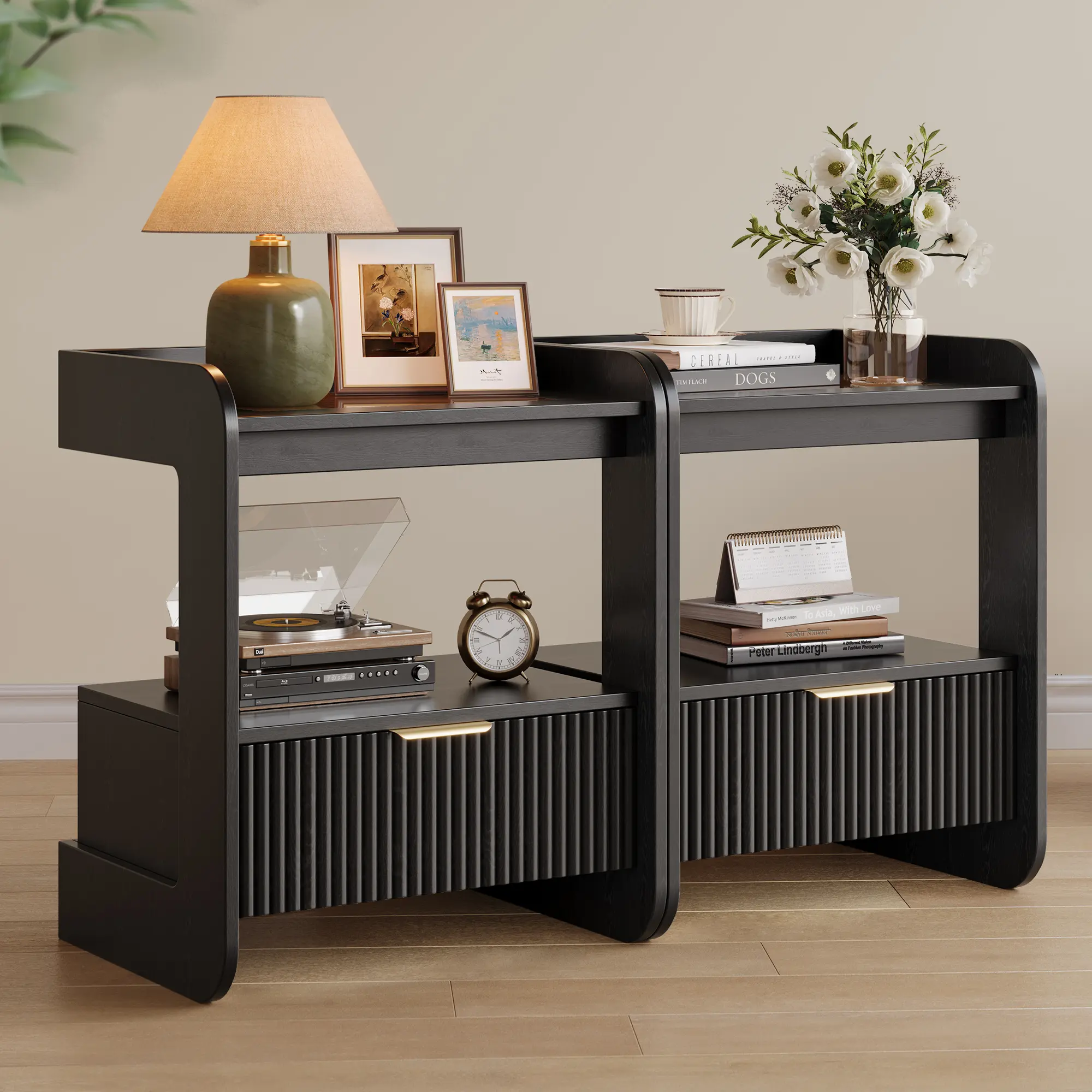 TOKSOM 2-Piece Modern Fluted Bed Side Tables - Mid-Century Stable MDF Bedroom Nightstands with Drawer, Open Shelf, Waterproof Rounded Edges, Easy Assembly Kit, Furniture for Small Spaces, Aesthetic Bedroom & Home Decor (White/Walnut/Black), Bedroom Decor