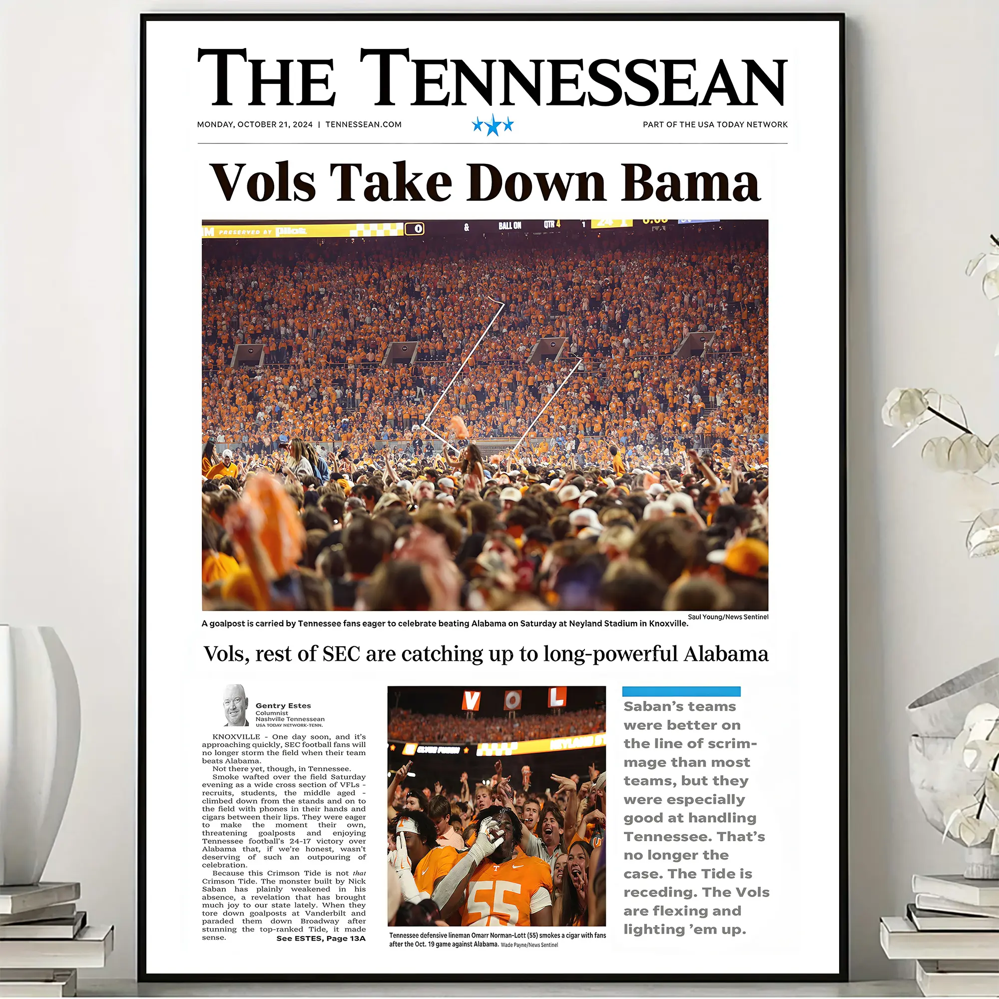 2024 Tennessee Volunteers “Vols Take Down Bama” Rivalry Win Poster, Historic College Football Newspaper Print, Retro Sports Wall Art, No Frame