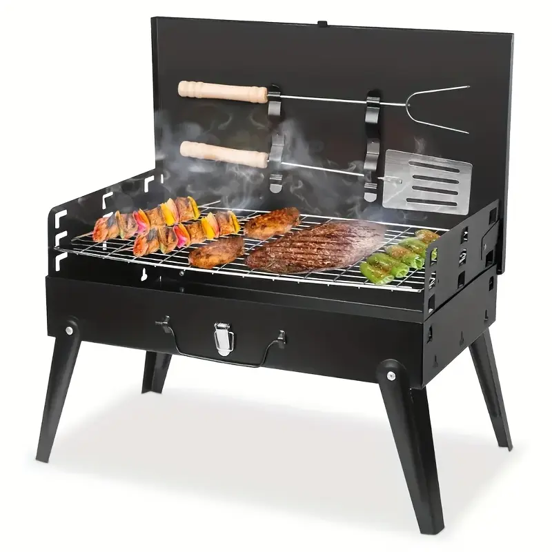Portable Charcoal Barbecue Grill with Lid, Sturdy Compact Folding Design, Durable Cast Iron Food-Grade Cooking Grate, Tongs & Hooks, Ideal for Outdoor Camping, Backyard BBQ