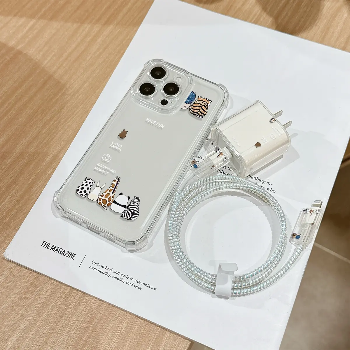 6 Piece Set Transparent Cute Animal Phone Case, Charger Head Cover, Cable Protector, Storage Rope, Data Line Wrap, Tpu Shockproof Shell