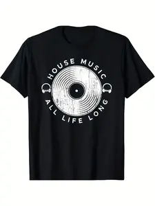 House Music All Life Long EDM Raver DJ Gift Unisex T-Shirt - Soft Breathable Lightweight Cotton Crew Neck Regular Fit Tee with Vinyl Record Graphic Print, Machine Washable Casual Music Festival Apparel for Adults, Music Shirt, Casual Wear, Graphic Crewnec