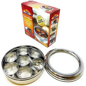 Rani Spice Box Stainless Steel Transparent Round Storage For Spices (Masala Dabba) 7 Compartments, with spoon (7.5in x 2.8in) ~ Packed in an attractive box, perfect for gifts!