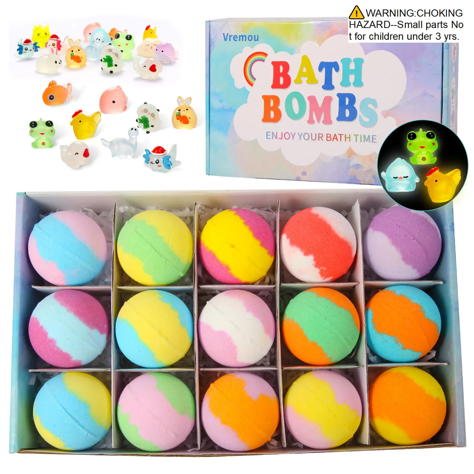 Kids' Bath Bombs with Surprises, 15-Pack Handmade Effervescent Bath Bombs with Glow-In-The-Dark Toys, Fizzy Bath Salts, Perfect Party Favors, Body Care Products
