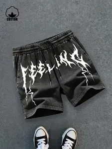 Men's Loose Fit Vintage Gothic Shorts, Denim Texture Lightning Print, Casual Street Style Summer Pants, Party & Y2K Aesthetic