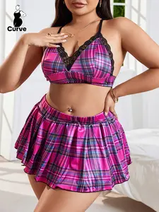 Plus Size Plaid Print Contrast Lace Bra & Pleated Skirt & Thong Set, Adjustable Strap Backless Set, Women's Lingerie & Underwear Glamour Lingerie Set for All Seasons Lingerie Underwear Sets