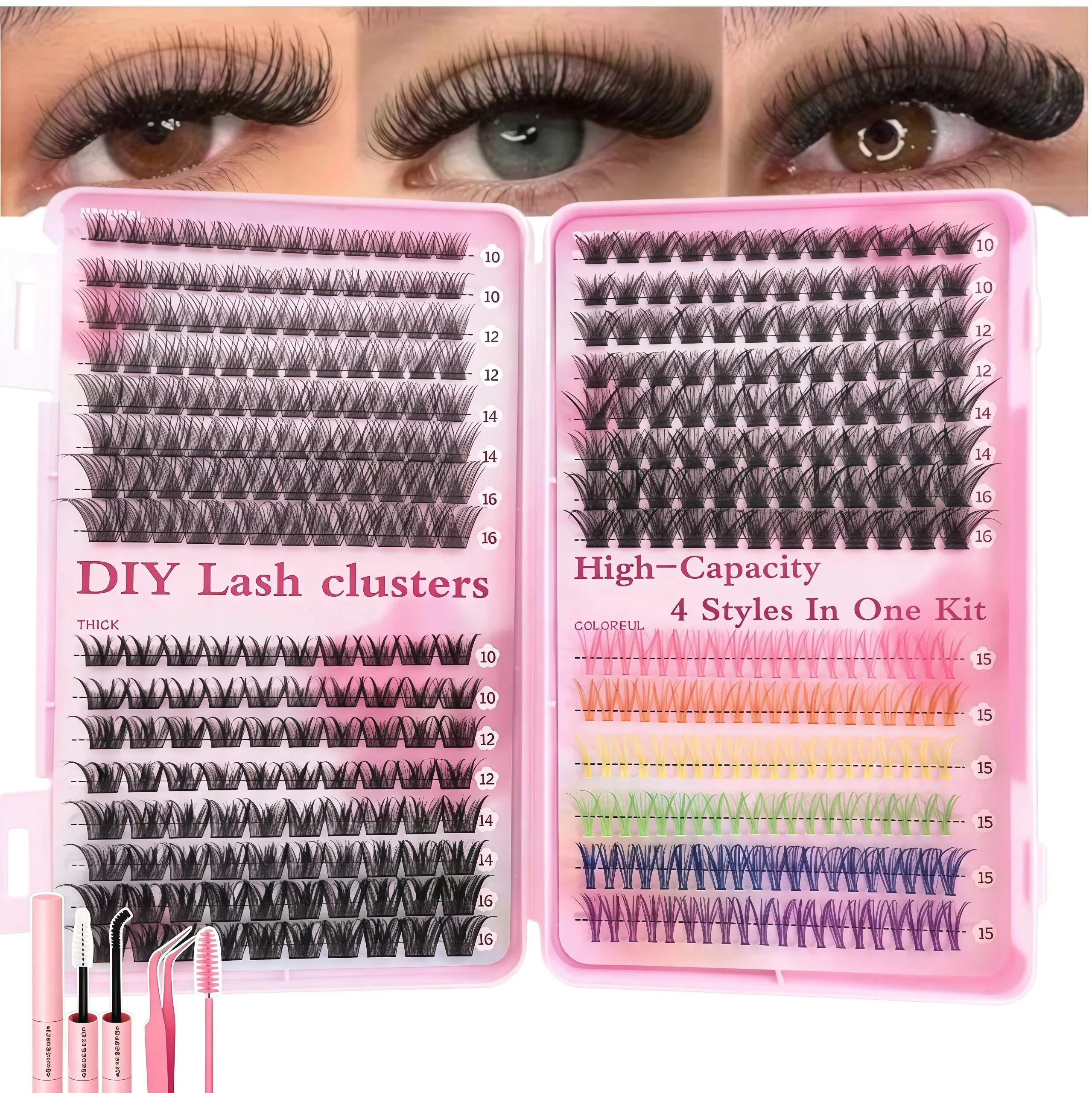 Viral DIY Lash Clusters Full Supply Kit, 4-Style High-Capacity All-in-1 Tray with Glue & Tweezer, Lightweight Soft Synthetic Mixed-Length Wispy Rainbow Individual Extensions, Beginner-Suitable Salon-Quality Gentle False Lashes,familyfun