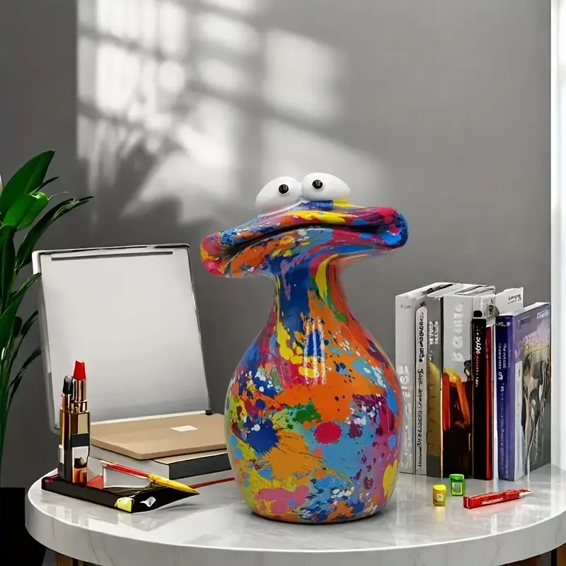Funny Large Mouth Frog Resin Art Decoration, Vibrant Splatter Paint Design, Expressive Eyes, Perfect for Bookshelf, Living Room, Office, Garden