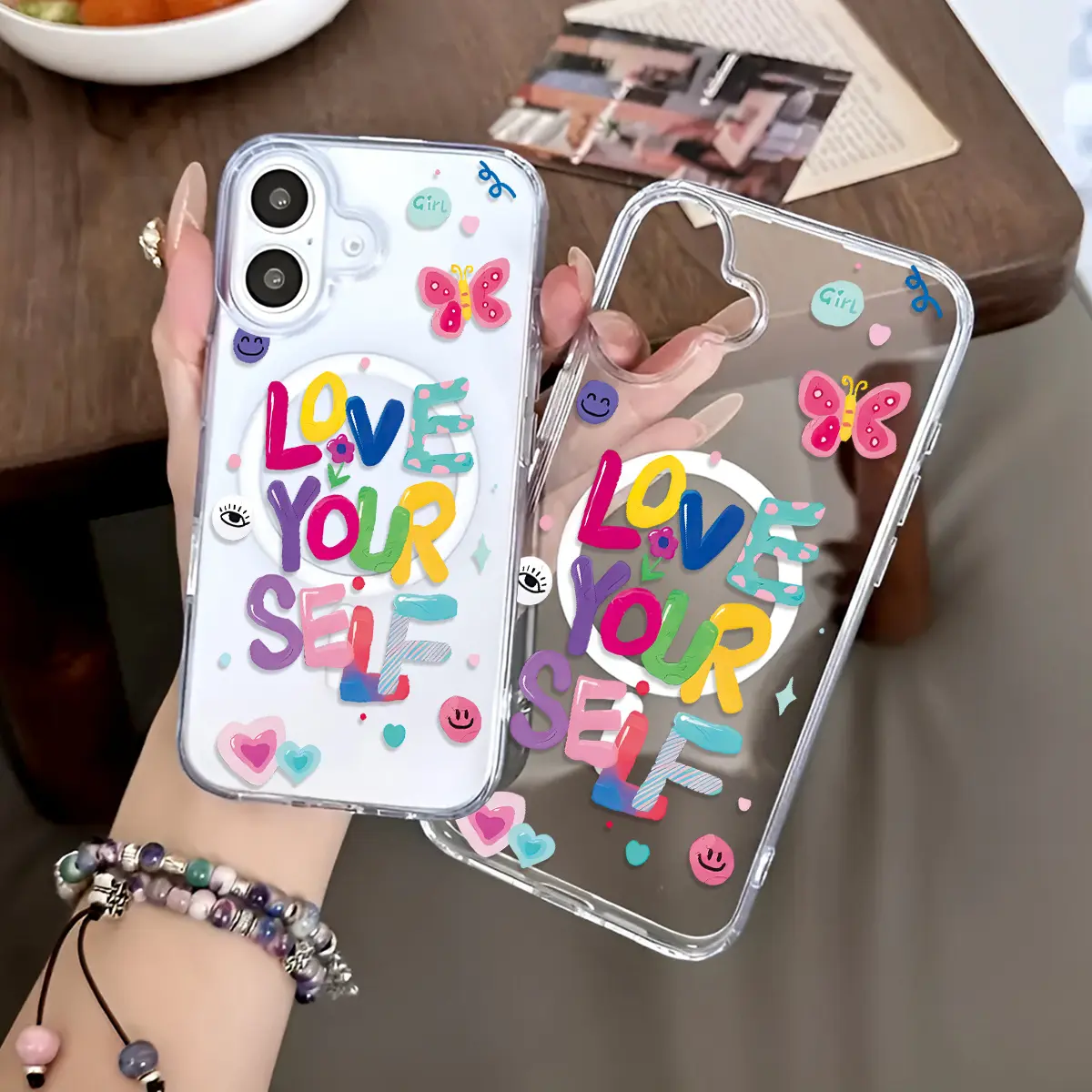 Colorful heart smiley face in English Compatible with iPhone 16 15 Pro Max Plus 14 13 12 mini 11 X XR XS Beautiful Gift Durable shockproof Anti-Scratch PC Protective Case Design Offers Shockproof Supports Magnetic Wireless Charging