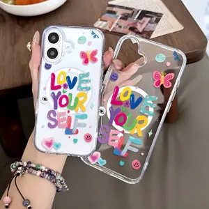 Colorful heart smiley face in English Compatible with iPhone 16 15 Pro Max Plus 14 13 12 mini 11 X XR XS Beautiful Gift Durable shockproof Anti-Scratch PC Protective Case Design Offers Shockproof Supports Magnetic Wireless Charging