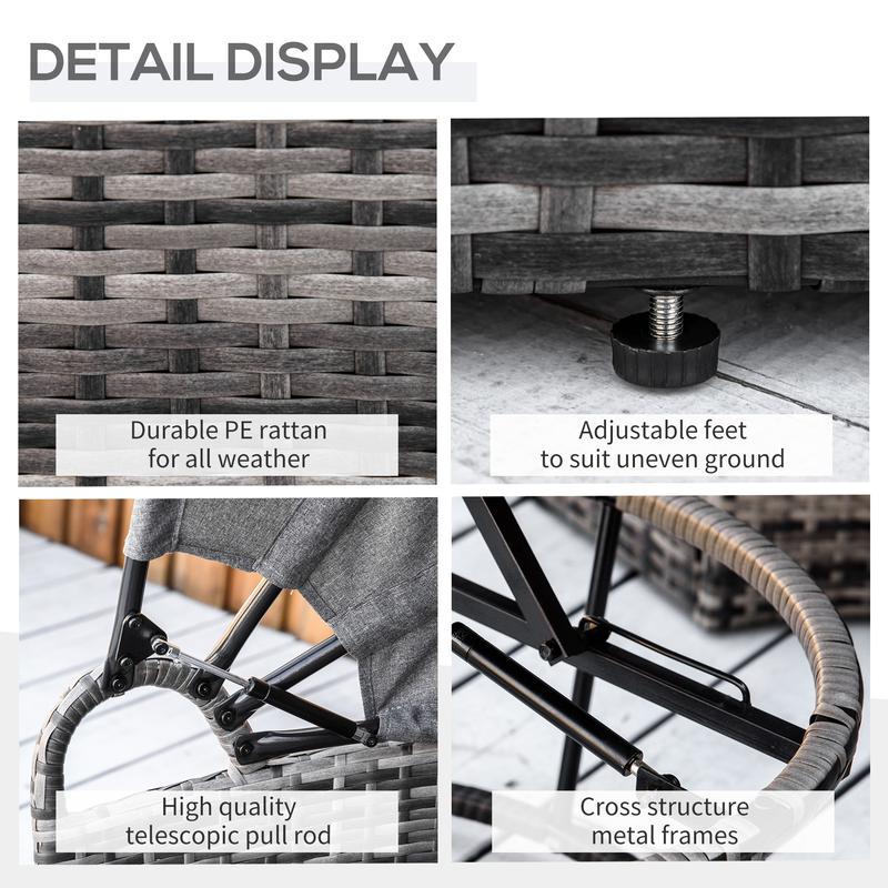 4 Piece Round Rattan Daybed Convertible Patio Furniture Set with Adjustable Sun Canopy Sectional Outdoor Sofa 2 Chairs Extending Tea Table Ottoman Chair 3 Pillows Gray