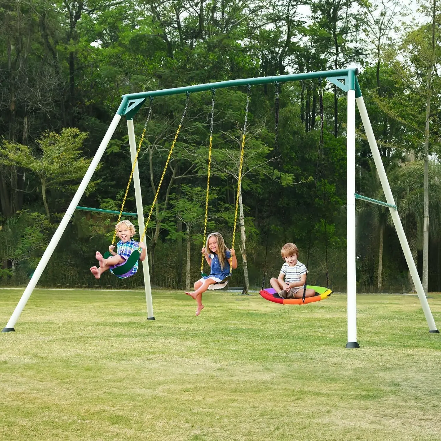 9.5ft Tall Swing Sets for Backyard for Big Kids & Adults (Patented) | 76mmφ Heavy Duty Metal Stand,600lbs Capacity,Saucer Swing+2 Belt Swings, ASTM | CPSC Compliant, Outdoor Swing Set for Family