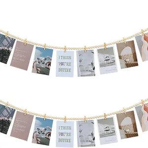 2Pcs Hanging Photo Display with Clips, Boho Wooden Bead Garland Collage Picture Frame Wall Decor, Photo String with 10 Clips for Bedroom Room Dorm Cubicle Decor, Christmas Teen Girls Gifts